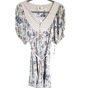 Lucky Brand White Blue Peasant Boho Puff Sleeve V Neck Midi Dress Size Medium